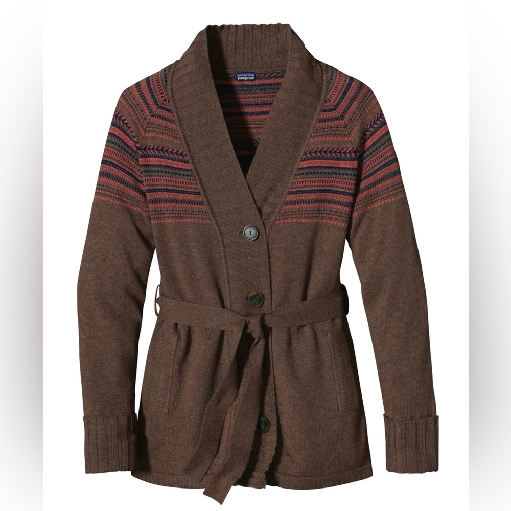 Patagonia Brown Cardigan Sweater with Red Accents